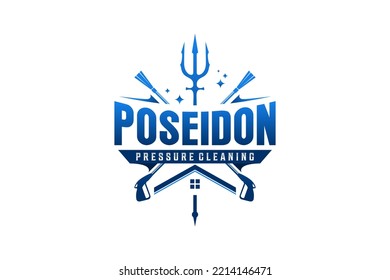 Pressure Washer Gun Logo Design Water Spray Power Wash Illustration House Trident Icon Symbol