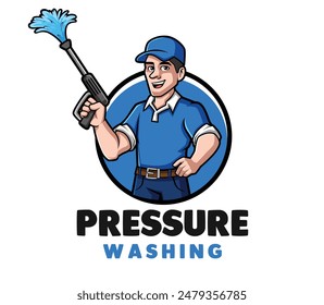 Pressure Washer Man Cartoon Mascot Logo Design for Your Company