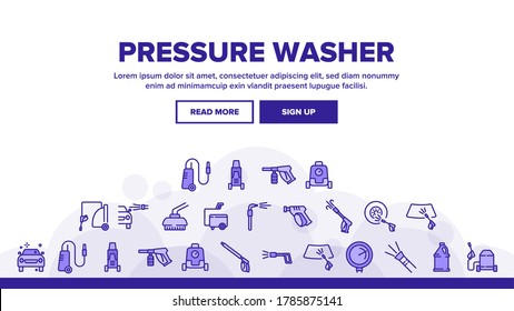 Pressure Washer Tool Landing Web Page Header Banner Template Vector. Pressure Washer Equipment For Wash Car Wheel And Glass, Brush And Sprayer Illustrations