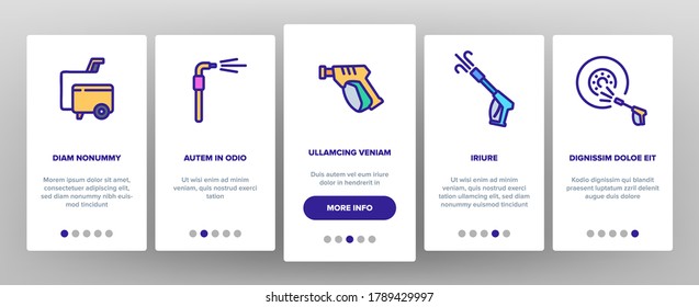 Pressure Washer Tool Onboarding Mobile App Page Screen Vector. Pressure Washer Equipment For Wash Car Wheel And Glass, Brush And Sprayer Illustrations