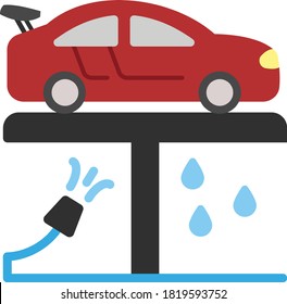 Diseño de iconos de color del vector de la arandela de presión, lavado de decon y equipo del Centro de detalles sobre fondo blanco, elevador de lavado de coches con el concepto de tubo de manguera, esterilización automática y sistema de anillado