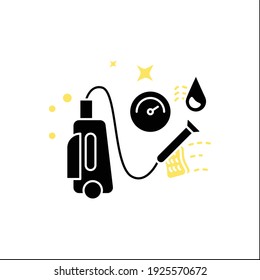 Pressure washing glyph icon. Power washing. Hydro-jet cleaning. High-pressure water spray usage to remove dirt. Cleaning service concept.Filled flat sign. Isolated silhouette vector illustration