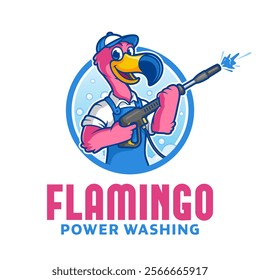 Pressure Washing Logo Stock, Pink Flamingo Cartoon Mascot Stock Vector