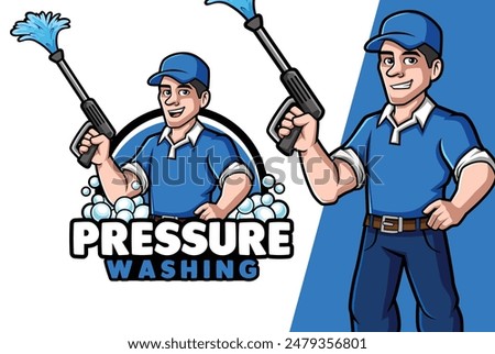 Pressure Washing Worker Cartoon holding Washing gun Mascot Logo for Your Business