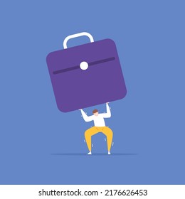 pressure and workload. the workload is too heavy. a worker or businessman holds or tries to lift a giant briefcase. job challenges and responsibilities. problem. illustration concept design