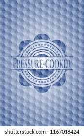 Pressure-cooker blue emblem or badge with abstract geometric polygonal pattern background.