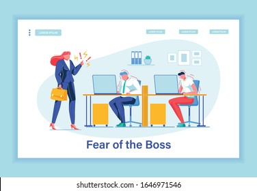 Druck-Cooker Office Situation. Zwei Männer, Rank-and-File-Arbeiter, die Angst vor Despoten Lady Boss. Exzentrierte weibliche Geschäftsführerin, die weiße Kollare abbaut. Vorlage für die Landing Page der Vektorillustration.