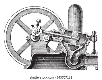 Pressurized water oscillating motor, vintage engraved illustration. Industrial encyclopedia E.-O. Lami - 1875.
