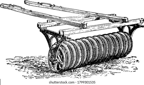 A Press-Wheel Roller, an agricultural tool, that is used after ploughing for flattening land and breaking up large pieces of dirt and clumps of soil, vintage line drawing or engraving illustration.
