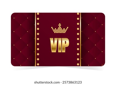 Prestige golden VIP access card layout with diamonds and crown. Red leather background. Vector illustration on transparent background