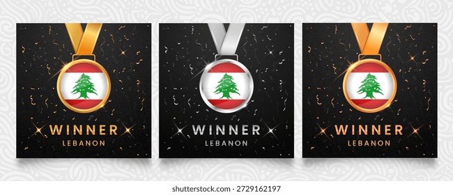 Una prestigiosa colección de medallas de oro, plata y bronce, cada una con la distintiva bandera del Líbano, sobre un sofisticado fondo oscuro con confeti de celebración y detalles brillantes, perfecto para reconocer a los campeones.