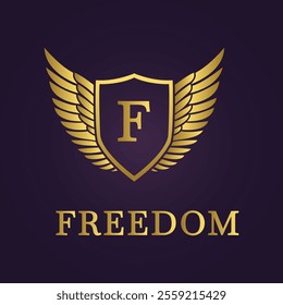 Prestigious golden Freedom shield logo with symmetrical wings on dark purple background conveying empowerment