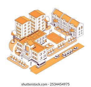 Prestigiosa escola em uma boa área - ilustração vetorial isométrica. Prédios de apartamentos em uma cidade moderna cercam uma instituição educacional para alunos na cor amarela. Educação urbana na ideia de província