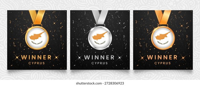 Un prestigioso conjunto de medallas de oro, plata y bronce, cada una adornada con la bandera nacional de Chipre, presentada sobre un fondo oscuro adornado con confeti festivo y brillantes reflejos, ideal para celebrar a los ganadores.