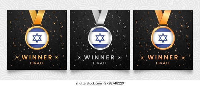 Un prestigioso conjunto de medallas de oro, plata y bronce, cada una adornada con la bandera nacional de Israel, presentada sobre un fondo oscuro adornado con confeti festivo y brillantes reflejos, ideal para celebrar a los ganadores.