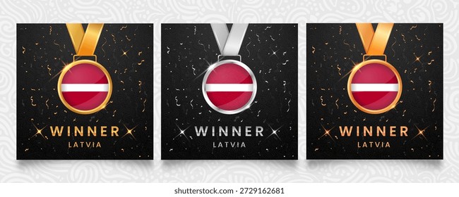 Un prestigioso conjunto de medallas de oro, plata y bronce, cada una adornada con la bandera nacional de Letonia, presentada sobre un fondo oscuro adornado con confeti festivo y brillantes reflejos, ideal para celebrar a los ganadores.