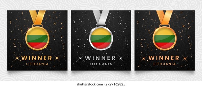 Un prestigioso conjunto de medallas de oro, plata y bronce, cada una adornada con la bandera nacional de Lituania, presentada sobre un fondo oscuro adornado con confeti festivo y brillantes reflejos, ideal para celebrar a los ganadores.