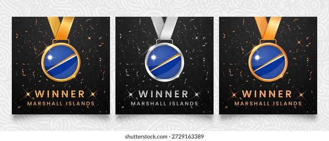 Un prestigioso conjunto de medallas de oro, plata y bronce, cada una adornada con la bandera nacional de las Islas Marshall, presentada sobre un fondo oscuro adornado con confeti festivo y brillantes reflejos, ideal para celebrar a los ganadores.