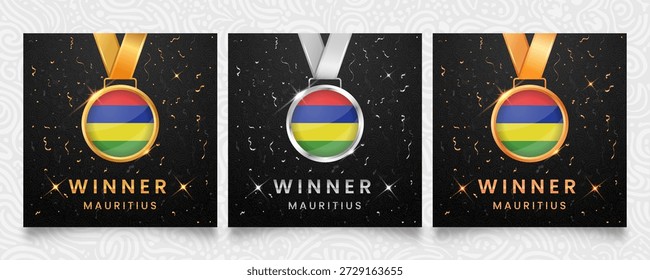 Un prestigioso conjunto de medallas de oro, plata y bronce, cada una adornada con la bandera nacional de Mauricio, presentada sobre un fondo oscuro adornado con confeti festivo y brillantes reflejos, ideal para celebrar a los ganadores.