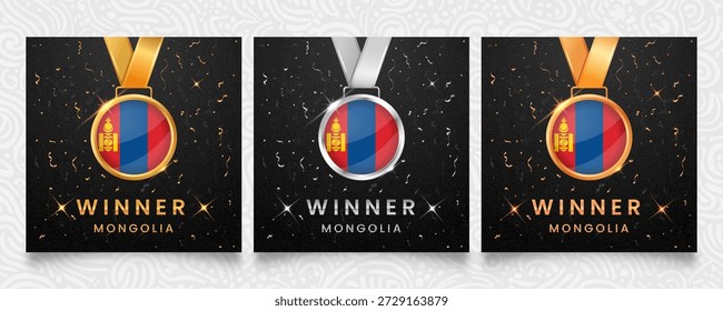 Un prestigioso conjunto de medallas de oro, plata y bronce, cada una adornada con la bandera nacional de Mongolia, presentada sobre un fondo oscuro adornado con confeti festivo y reflejos brillantes, ideal para celebrar a los ganadores.