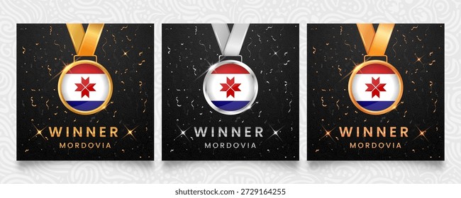 Un prestigioso conjunto de medallas de oro, plata y bronce, cada una adornada con la bandera nacional de Mordovia, presentada sobre un fondo oscuro adornado con confeti festivo y brillantes reflejos, ideal para celebrar a los ganadores.