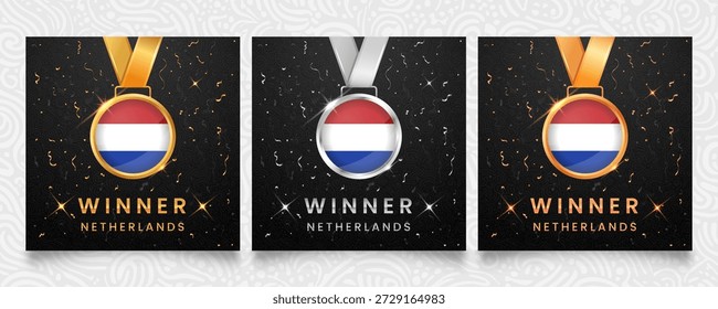 Un prestigioso conjunto de medallas de oro, plata y bronce, cada una adornada con la bandera nacional de los Países Bajos, presentada sobre un fondo oscuro adornado con confeti festivo y brillantes reflejos, ideal para celebrar a los ganadores.