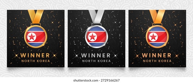 Un prestigioso conjunto de medallas de oro, plata y bronce, cada una adornada con la bandera nacional de Corea del Norte, presentada sobre un fondo oscuro adornado con confeti festivo y brillantes reflejos, ideal para celebrar a los ganadores.
