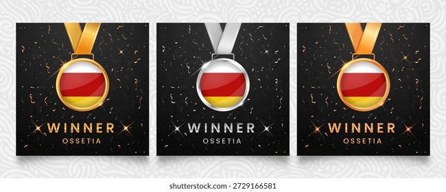 Un prestigioso conjunto de medallas de oro, plata y bronce, cada una adornada con la bandera nacional de Osetia, presentada sobre un fondo oscuro adornado con confeti festivo y brillantes reflejos, ideal para celebrar a los ganadores.