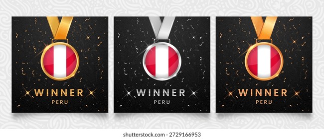 Un prestigioso conjunto de medallas de oro, plata y bronce, cada una adornada con la bandera nacional del Perú, presentada sobre un fondo oscuro adornado con confeti festivo y brillantes reflejos, ideal para celebrar a los ganadores.
