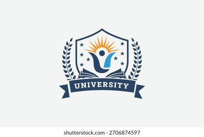 Prestigioso escudo universitario Vector logotipo ilustración, persona Abstractas del sol y Laurel corona de Educación emblema