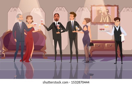 Prestigious, VIP party flat vector illustration. Happy rich people and servant cartoon characters. Wealthy men and women drinking wine. Waiter holding serving tray with snacks. Luxury lifestyle