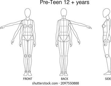 Pre-teen (12+years) figure : Front, Back and side view. 
Fashion figure template for technical drawing with style lines.