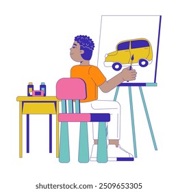 Preteen boy canvas painting car 2D cartoon character. Easel art school. Drawing vehicle. African american artist schoolboy isolated person flat vector on white background. Spot illustration colorful