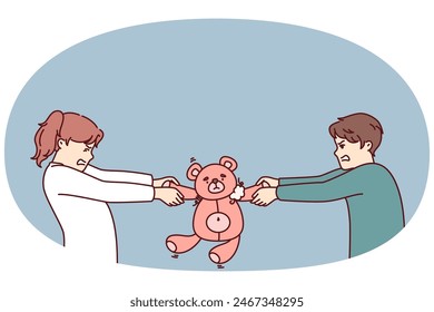 Preteen boy and girl argue over right to play with teddy bear in attempt to take toy away from rival. Kindergarten children are unwilling to share toys after disagreement or conflict