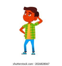Preteen Boy Thinking For Solving Problem Vector. Indian Child Looking At Sky And Thinking About Something. Thoughtful Character Small Kid Planning Strategy Flat Cartoon Illustration