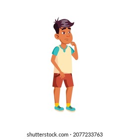 prätente Junge denkt und berührt Gesicht Cartoon Vektor. ein prächtiger Junge, der denkt und den Gesichtscharakter berührt. einzelne Cartographie