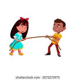 Preteen Children Pulling Rope Together Vector. African Schoolboy And Chinese Schoolgirl Pulling Rope On School Sport Competition. Characters Sportive Activity Flat Cartoon Illustration