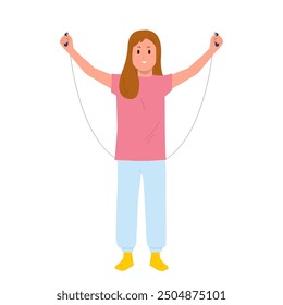 Preteen girl child cartoon character doing morning physical exercise jumping on skipping rope