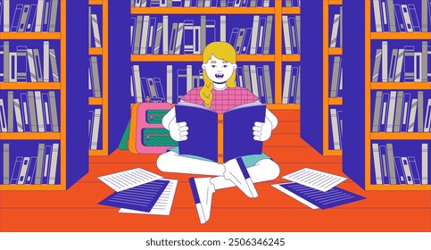 Preteen girl doing homework on library floor cartoon flat illustration. Little schoolgirl reading book 2D character colorful background. Studying bookshelves scene vector storytelling image