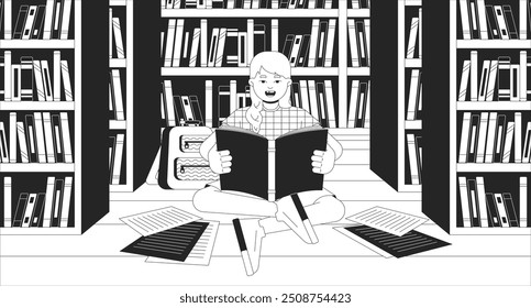 Preteen girl doing homework on library floor black and white line illustration. Little schoolgirl reading book 2D character monochrome background. Studying bookshelves outline vector image