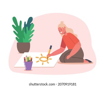 Preteen Girl Drawing, Kid Painting Concept With Little Child Character Holding Colored Pencil Create Picture On Paper Sitting On Floor Isolated On White Background. Cartoon People Vector Illustration