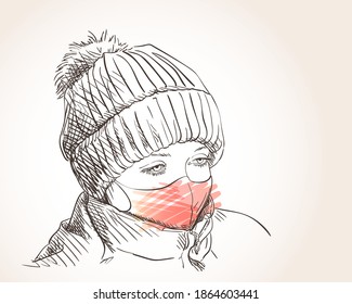 Preteen girl in face mask for coronavirus prevention portrait in winter clothes and hat looking on side, Covid-19 pandemic quarantine people Hand drawn illustration, Vector sketch