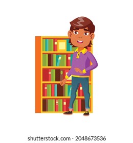 preteen hispanic boy staying near home library shelves with books cartoon vector. preteen hispanic boy staying near home library shelves with books character. isolated flat cartoon illustration