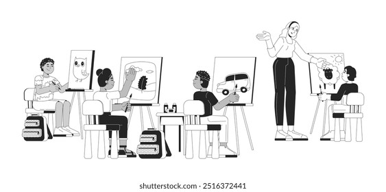 Preteen school art class kids teacher black and white 2D line characters. Diverse artists schoolchildren painting canvas easel isolated vector outline people. Monochromatic spot illustration