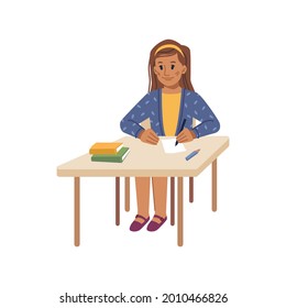 Preteen school girl sitting by desk at lesson writing down lecture in notebook. Isolated female personage child with books and supplies at table learning discipline. Flat cartoon character vector