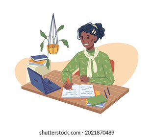 Preteen schoolgirl doing homework with laptop at home isolated flat cartoon character. Vector child using gadget to study, education distance learning, homeschooling during quarantine. Stay at home