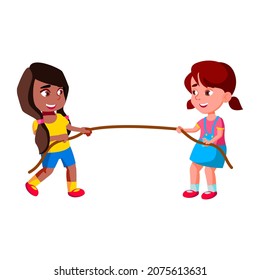 Preteen Schoolgirls Pulling Rope Sport Game Vector. Happiness African And Caucasian School Girls Pulling Rope On Sportive Tournament. Characters Power Competitive Activity Flat Cartoon Illustration