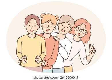 Pre-teenage children stand behind each other and laugh enjoying socializing together. Children boys and girls from elementary school are laughing, rejoicing at break between classes or end school day