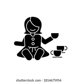 Pretend kitchenware black glyph icon. Baby doll with tea set. Toys for playing pretend game with children. Social skills development. Silhouette symbol on white space. Vector isolated illustration