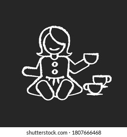 Pretend Kitchenware Chalk White Icon On Black Background. Baby Doll With Tea Set. Toys For Playing Pretend Game With Children. Social Skills Development. Isolated Vector Chalkboard Illustration